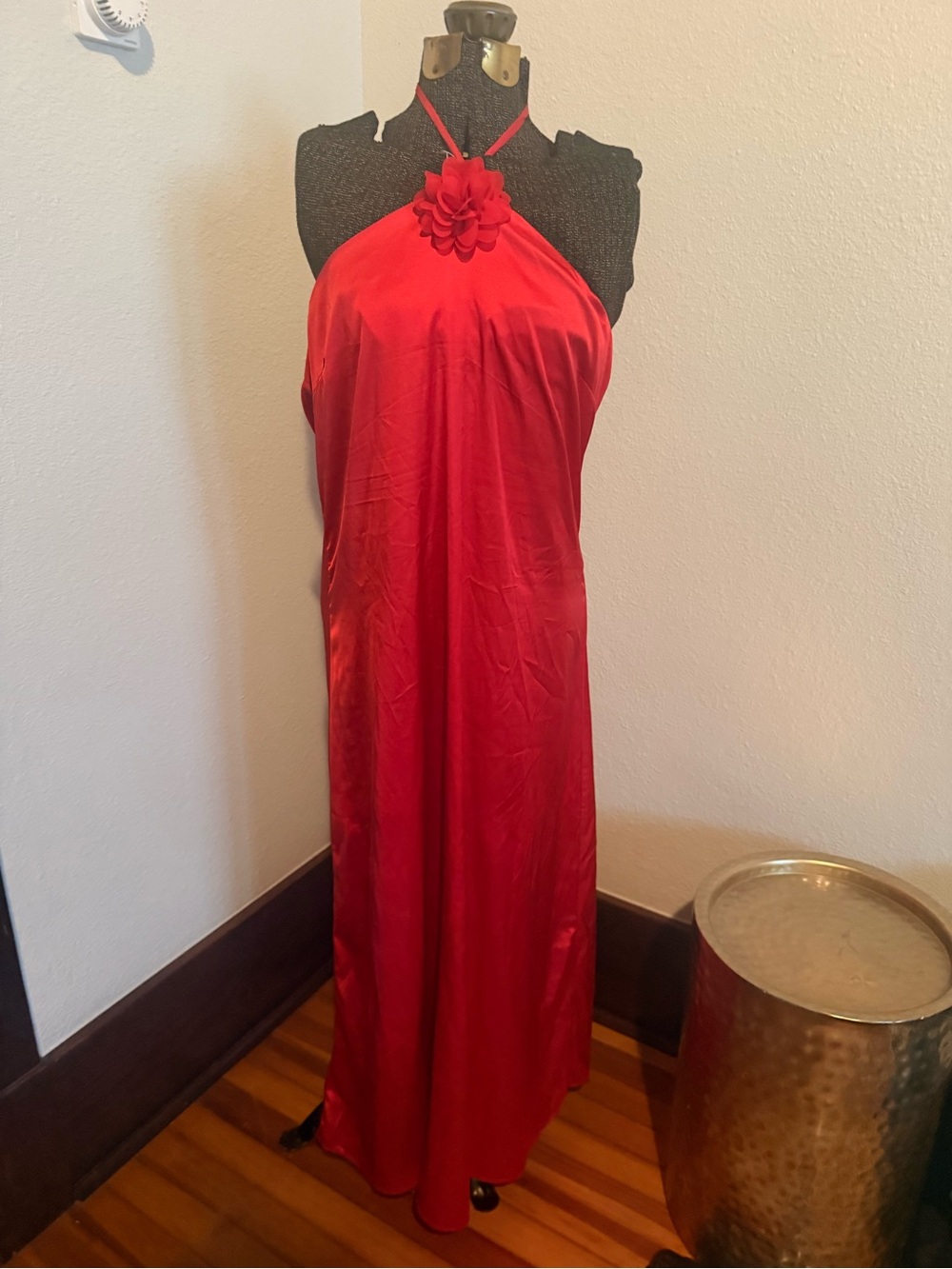 Red Halter Maxi Dress with Floral Neck Detail